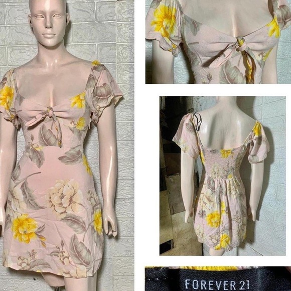 Cream Forever 21 floral skirt baby doll puffer sleeve mini dress short sleeve - Picture 7 of 12